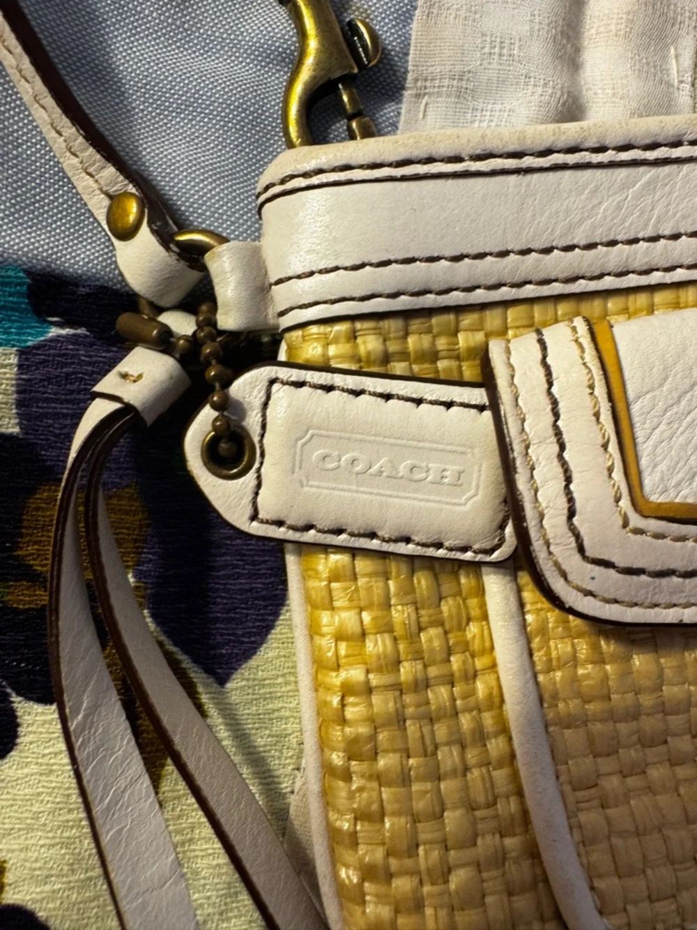 Vintage Coach Legacy Leather & Straw Wristlet | Off White Straw Snap Flap
